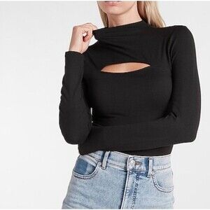 Express Body Contour Mock Neck Cutout Bodysuit Long Sleeves Women's Small Black